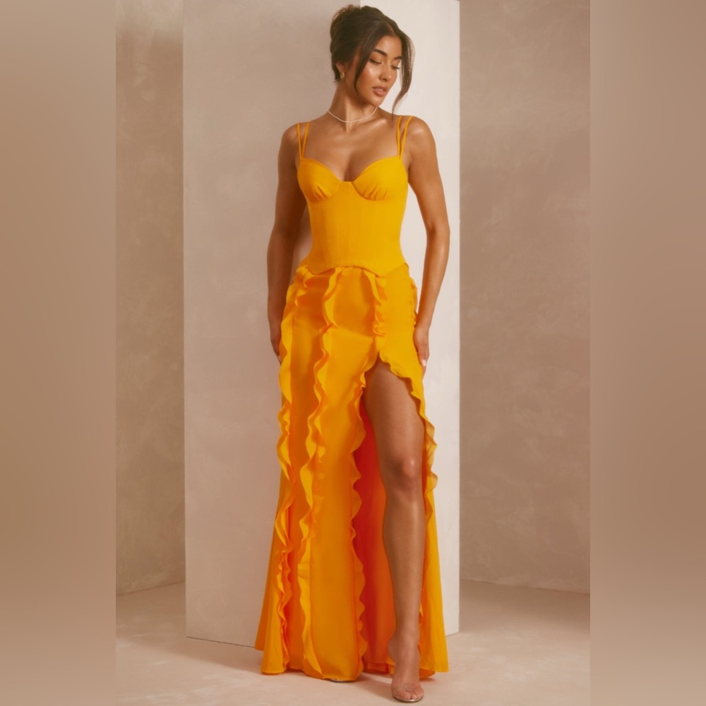 PERRINE 
Corset frill skirt maxi dress in tangerine